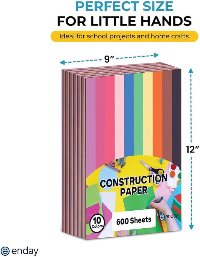 Construction Paper Assorted Colors, (600 Sheets) 8 Bright Colors, 9”x12” Bulk Craft Paper, Standard Weight Construction Paper, Color Paper for Kids Arts & Crafts and School Projects, by Enday