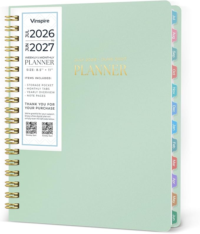 Vinspire 2026 Planner - Yearly, Monthly, and Weekly Planner 2026-2027 for Teachers & Students - Spiral US Academic Year Student Calendar Planners with Notes Pages 2026 Planner Weekly and Monthly - Large (Green, 8.5"×11")