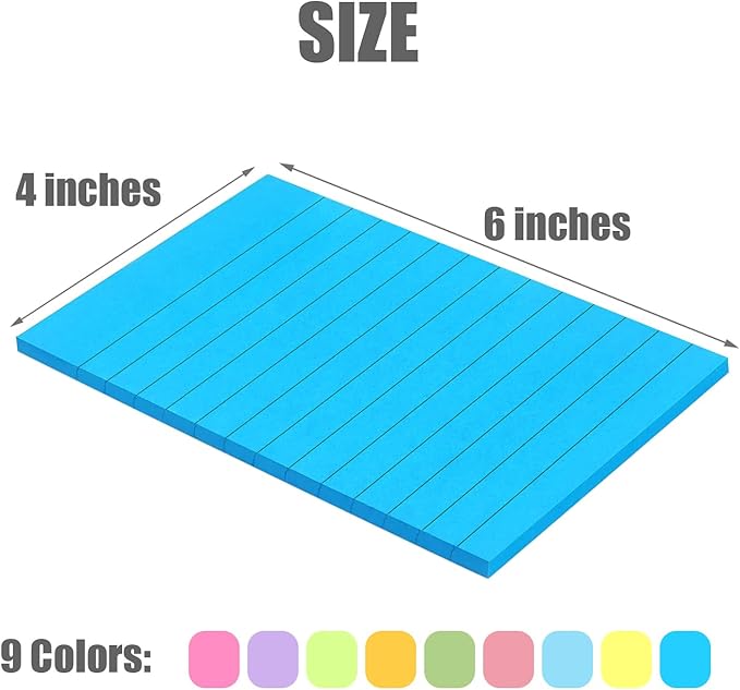 9 Pack Lined Sticky Notes 4x6 in Bright Colors Self-Stick Note Pads with Lines, 9 Colors Bulk Sticky Memo Pad for School, Office, Meeting