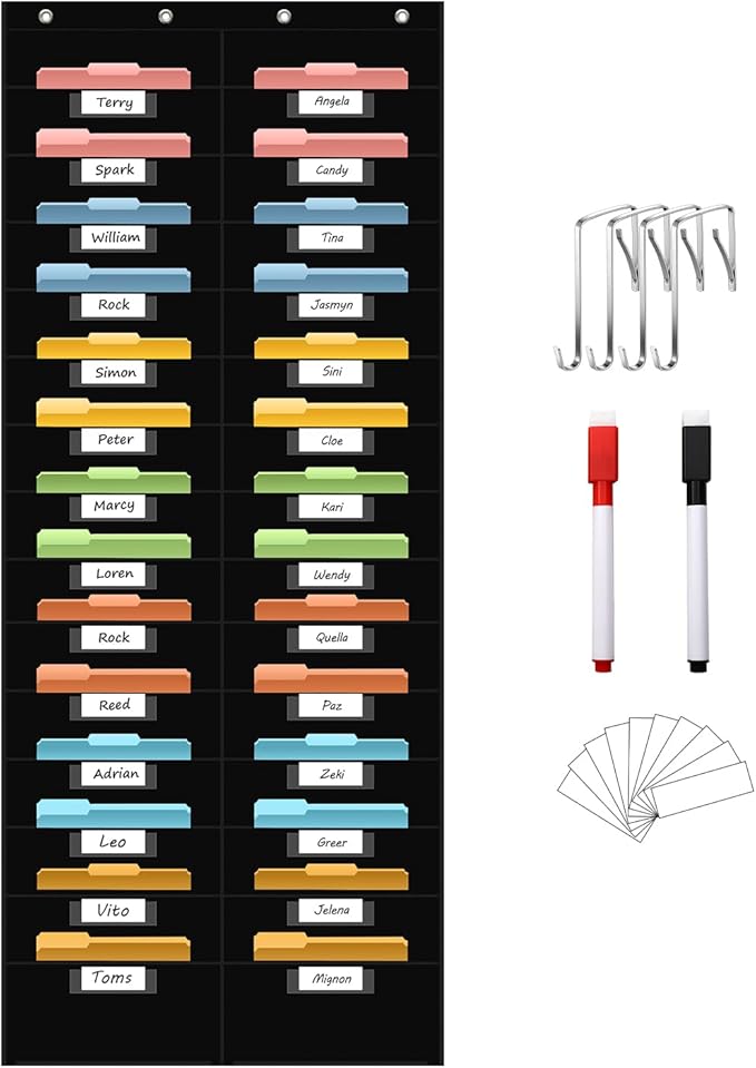 ANCOMEDO 28 Pocket Hanging Wall File Organizer with 28 Name tag Pockets, File Storage Pocket Chart for Classroom and Office Use. Keeps Assignments, Files, Scrapbooks, and Papers Neatly Organized.