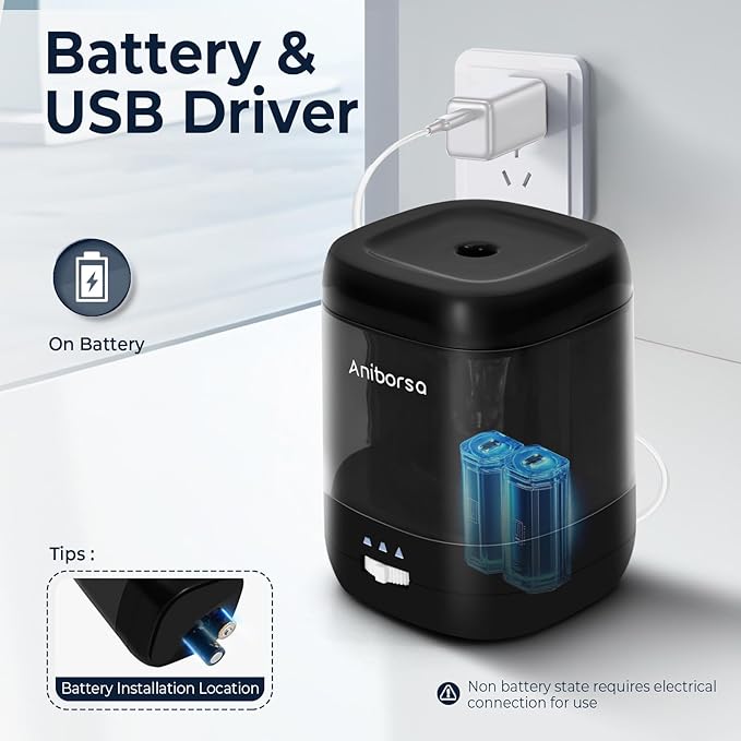 Electric Pencil Sharpener, USB & Battery Operated, Adjustable Nibs, Automatic Pencil Sharpener for Kids, Classroom, School, Home, Office, Black