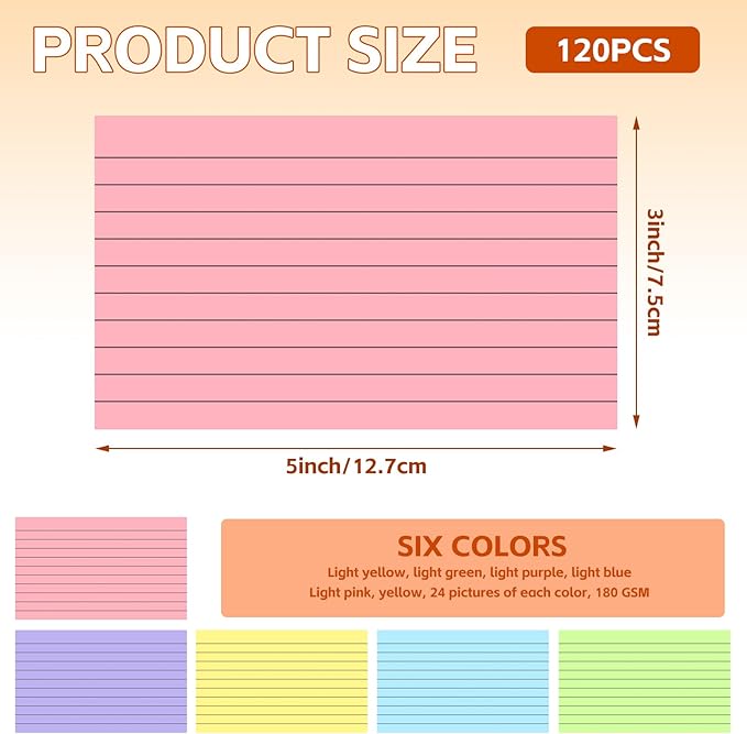 Tecmisse 3x5 Index Cards Colored, 120 PCS Ruled NoteC ards, Lined Flashcards, Colorful Flash Cards for Studying, Heavy Notecards for Office and School