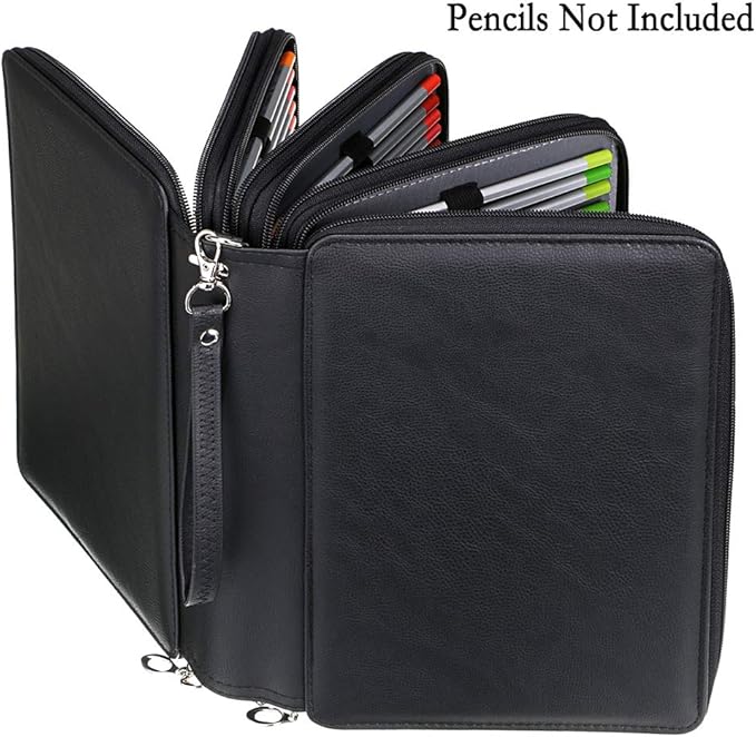 BTSKY 200 Slots Colored Pencil Organizer - Deluxe PU Leather Pencil Case Holder with Removal Handle Strap Pencil Box Large for Colored Pencils Watercolor Pencils (Black)