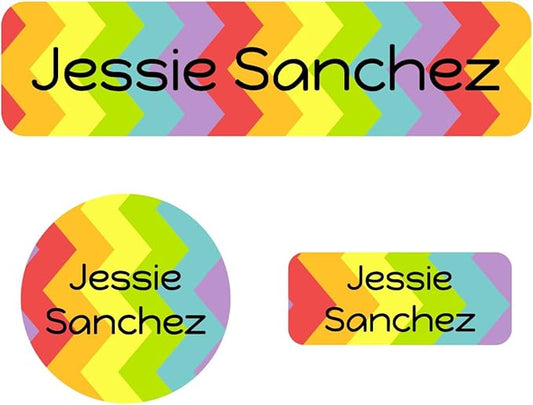Name Bubbles - Kids Custom Name Labels for Daycare, School, Camp (102 Labels) - Personalized Waterproof Name Stickers for Clothes Tags, Lunch Boxes, Water Bottles, & School Supplies (Rainbow Zig-Zag)