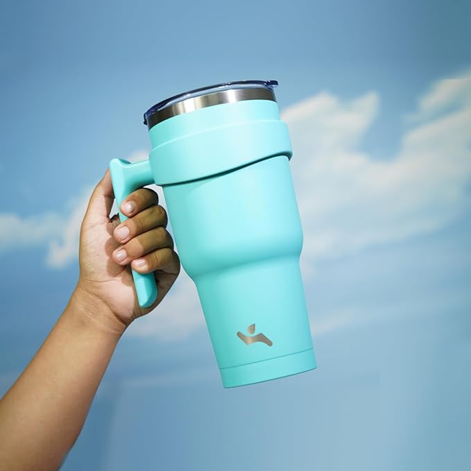 Konokyo 30 oz Tumbler with Handle and 2 Straw 2 Lid, Insulated Water Bottle Stainless Steel Vacuum Cup Reusable Travel Mug,Turquoise