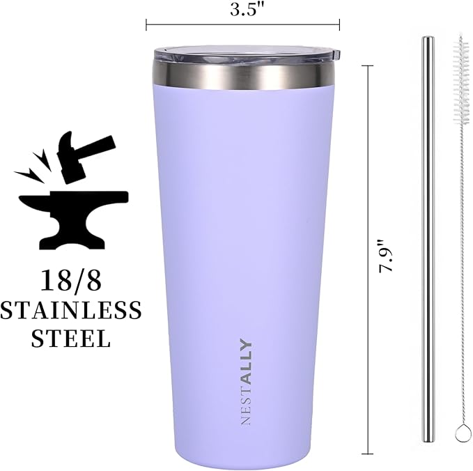 NESTALLY Coast 20oz Stainless Steel Tumbler, Extra Capacity Holds Up to 22oz, Double Wall Vacuum Insulated Travel Coffee Mug with Lid & Metal Straw, Leakproof Reusable Cup for Travel (Lavender)