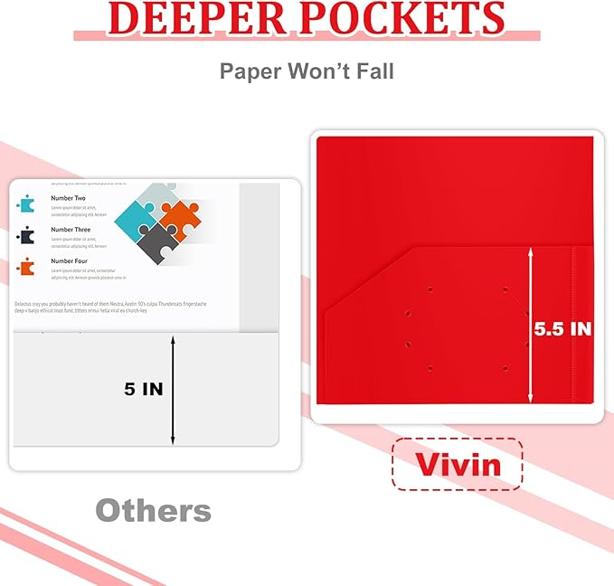 ViVin 6-Pack Plastic Folders with Pockets, Poly Folder with 2 Pockets, Assorted Folders Hold US Letter Size Paper for School/Office/Home