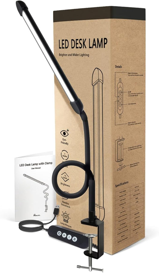 LED Desk Lamp with Clamp, Clamp Light with Adjustable Color Modes, Clip on Light with Long Flexible Gooseneck, Eye Care Lamp Clamp for Study, Work, Home, Office, Black, Metal, 12W