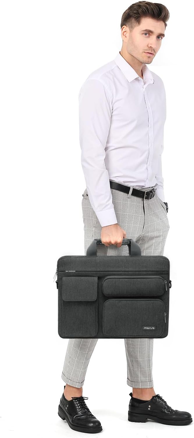MOSISO Laptop Shoulder Bag 15.6 inch, 15-15.6 inch Computer Bag Compatible with MacBook Pro 16 inch, HP, Dell, Lenovo, Notebook with 2 Raised&1 Flapover&1 Horizontal Pocket&Handle&Belt, Charcoal Gray