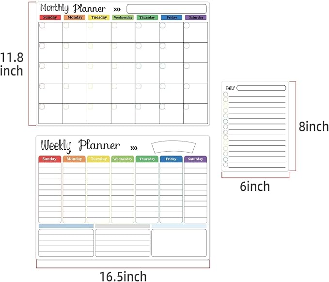 Hivillexun 3-Pack Magnetic Dry Erase Calendar Whiteboard Set for Fridge, Wall & Refrigerator Organisation – Monthly, Weekly & Daily Planners – Includes 8 Markers & Eraser