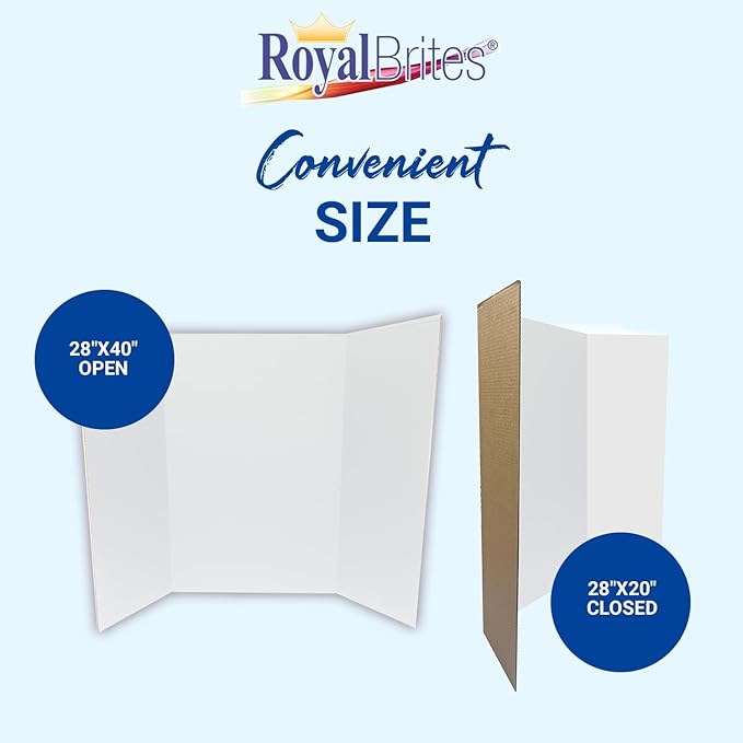 Royal Brites 1-Ply Corrugated Tri-fold Project Board 28" x 40", Exhibition, Presentation, & Science Fair Display Boards, Lightweight Tri-Fold Board with Smooth Surface, White/Kraft, Pack of 6