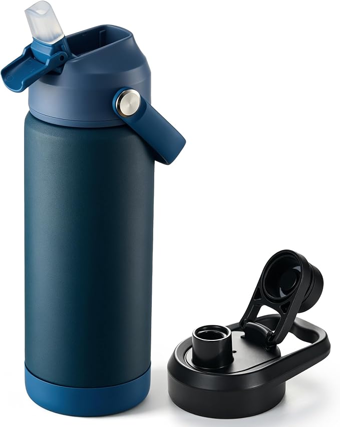Fijinhom 18 oz Insulated Water Bottle with 2 Lids, Stainless Steel Water Bottles, Double Wall Vacuum, Portable Handle & Non-slip Bottom, BPA Free Leak Proof Metal Bottles, Keep Cold 24H, Dark Blue