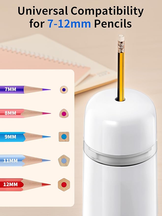 JARLINK Automatic Electric Pencil Sharpener - Hands-Free Operation, 3 Sharpness Modes, 3-Second Sharpening, Rechargeable & Portable for 7-12mm Pencils, Ideal for Classroom and Home Use (White)