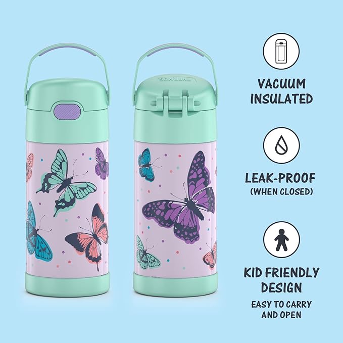 THERMOS FUNTAINER Water Bottle with Straw - 12 Ounce - Kids Stainless Steel Vacuum Insulated Water Bottle with Lid, Butterfly Frenzy