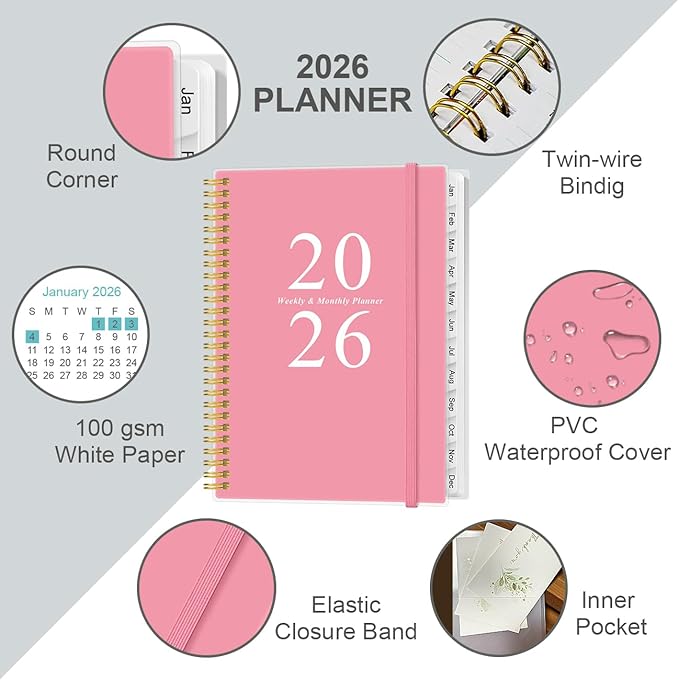 2026 Planner - Weekly & Monthly Planner Spiral Bound, Planner 2026 from January 2026 - December 2026 with Monthly Tabs, Inner Pocke, 8.5" x 11", Pink