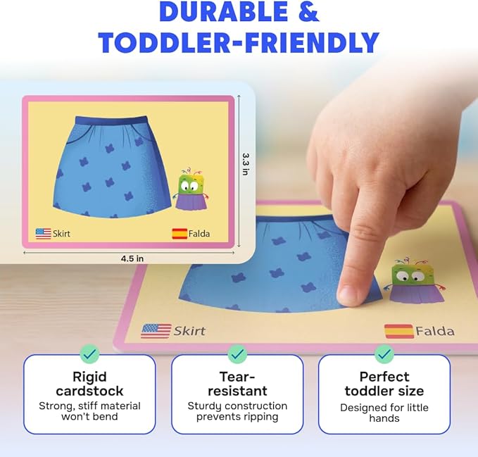 Kidrox 100 First Words Flash Cards for Toddlers, English with Spanish Learning Cards, Preschool Vocabulary & Speech Development Toy with Peek-a-Boo Sleeve for Memory Enhancement & Pattern Recognition