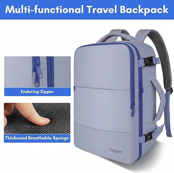 Taygeer Travel Backpack for Women,40L Travel Laptop Mochila Carryon Luggage | College Backpack with Laptop Compartment & Shoe Pouch, Airline Approved Personal Item Bag for Weekender Gym Hiking, Gray Blue