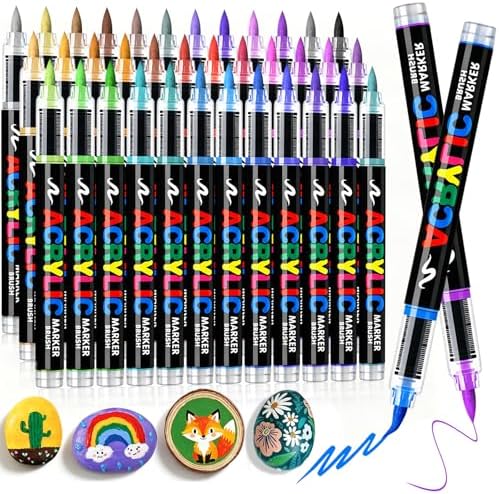 Acrylic Paint Markers Brush Tip 36 Colors, Soft Brush Tip Acrylic Paint Pens with Automatic Ink Control, Water-Based No-Bleed Paint Markers for Rock Painting Fabric Wood Ceramic Metal DIY Crafts