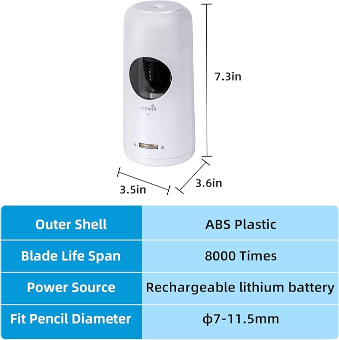 tenwin Rechargeable Electric Pencil Sharpener, Fully Automatic Pencil Sharpener for 7-11.5mm Jumbo Pencils, Hands-Free Sharpener for Colored Pencils, Auto in&Out, Adjustable Pencil Nibs, Silver