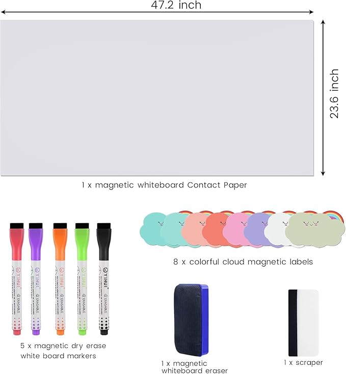 Set of Magnetic whiteboard Contact Paper, Measures 47.2 by 23.6 inches Large, Peel-and-Stick for fridges and Walls, Removable and with Magnetic Labels - Dry Erase White Board