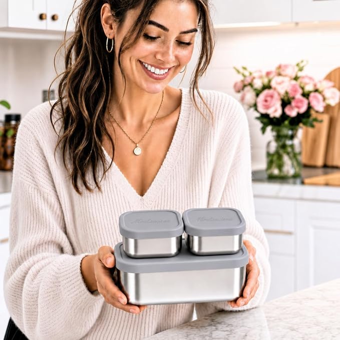 Flexibento 40 OZ Leak Proof Stainless Steel Lunch Box ,Grey Set of 3