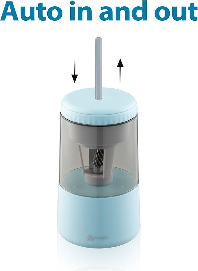 SUNZO Electric Automatic Pencil Sharpener, auto feed, hands free, electronic, rechargeable battery powered, small & portable, for colored pencil, for office & classroom (Blue)
