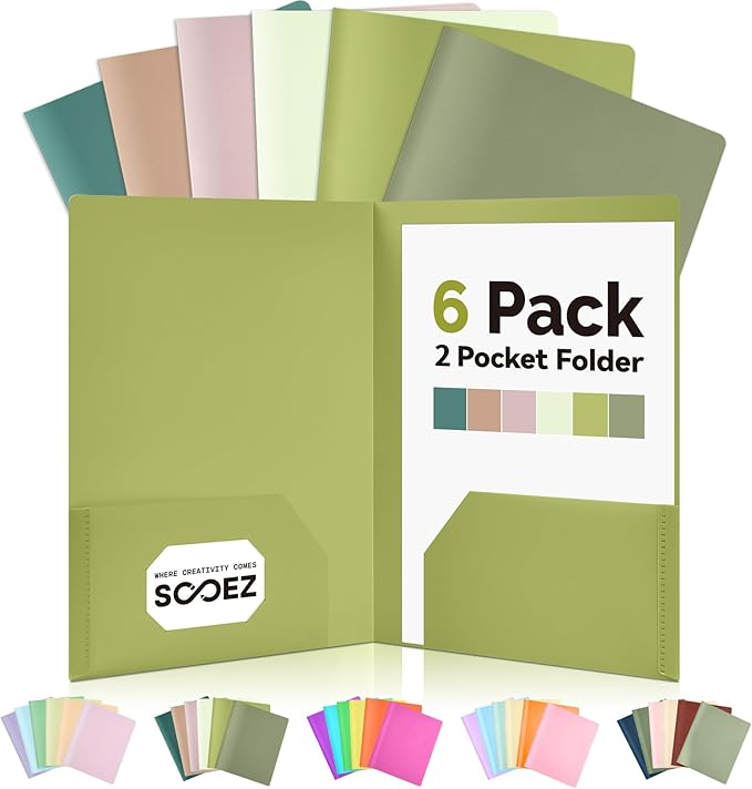 Sooez 6Pack Folders with Pockets, Pocket Folders with Extra Labels, Plastic Folders with Pockets, 2 Pocket Folders Bulk, Heavy Duty File Folders, School Folders Business Folder Office Filing Supplies