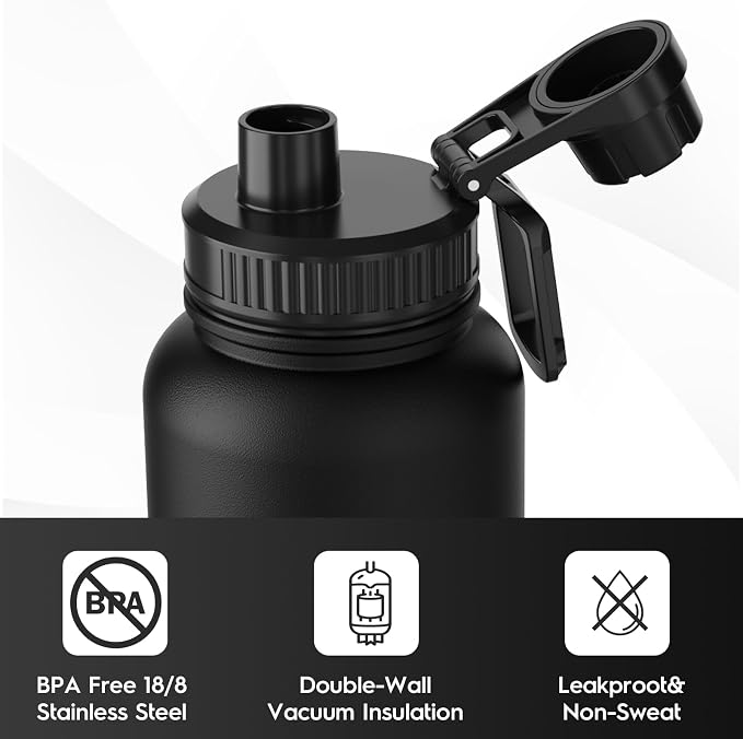 Navigate 40oz Insulated Water Bottle for Sports, Keep Cold 24H | 2-in-1 Spout and Handle Lids, Double Leak-Proof, 18/8 Stainless Steel, BPA-Free, Wide Mouth for Gym and Hiking,Black