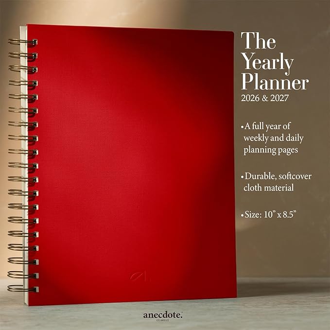 Anecdote Spiral Planner w/2026-2027 Calendar (8.5" x 10") | Start Anytime - 52 Weeks, Undated Planner Pages | To-Do List Organizer, Plan Your Success, Achieve Productivity Goals (Red)
