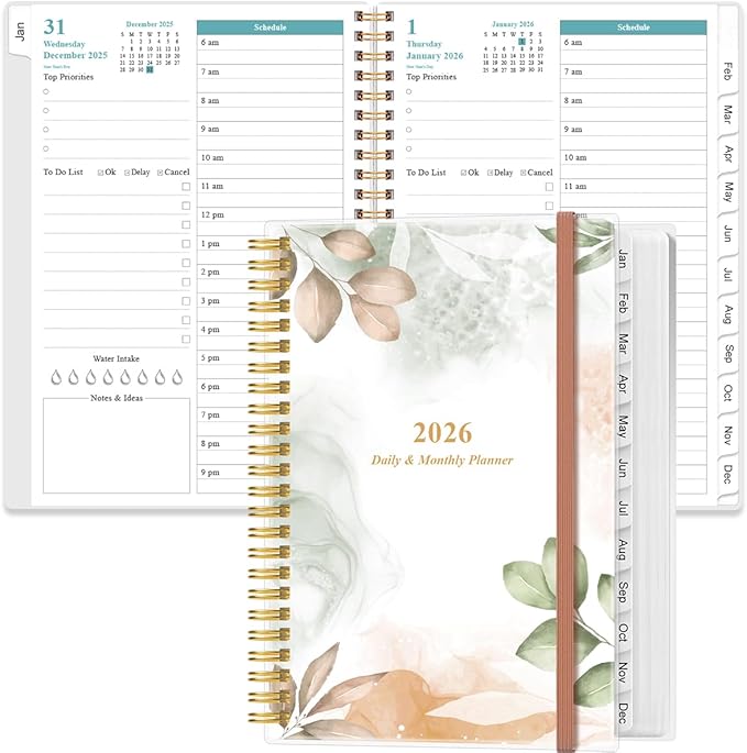 2026 Daily & Monthly Planner - One Page Per Day, Daily Planner 2026 from January 2026 to December 2026, Planner 2026 with 12 Monthly Tabs, 6.4" x 8.5", Rose Leaf