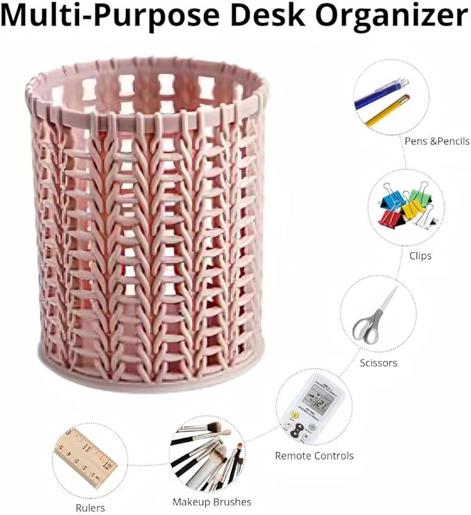 Hand-woven Style Pen Holder for Desk Cute Office Supplies Cubicle Decor Kawaii Workspace Accessories Boho Makeup Organizer for Women Girls Pencil Cup Aesthetic Caddy for Home Office (White)