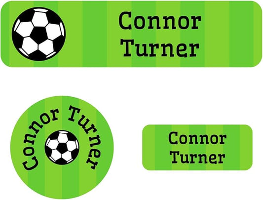 Name Bubbles - Kids Custom Name Labels for Daycare, School, Camp (144 Labels) - Personalized Waterproof Name Stickers for Clothes Tags, Lunch Boxes, Water Bottles, & School Supplies (Soccer)