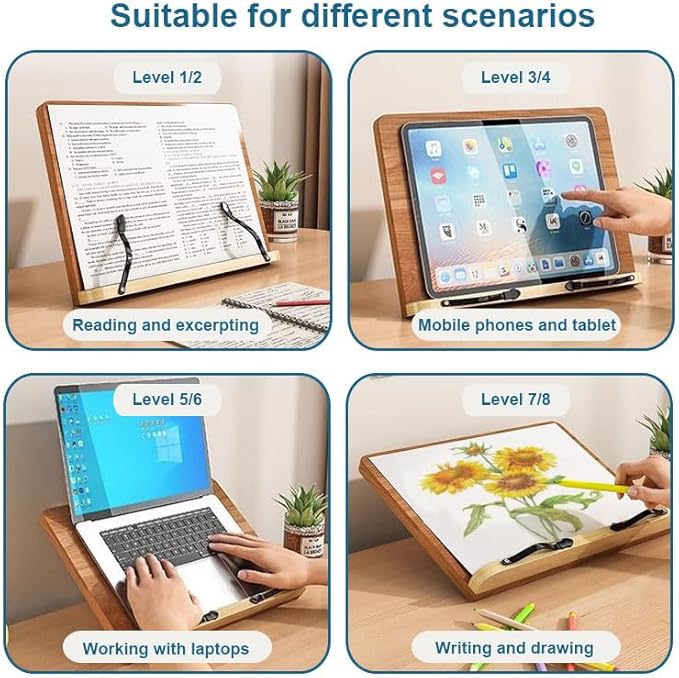 Adjustable Reading Book Stand, Foldable Wooden Book Holders Tray, Portable Reading Bookshelf for Students Reading Drawing Cookbooks Music Score Laptops, Oak Grain (with Clip & Reading Light)