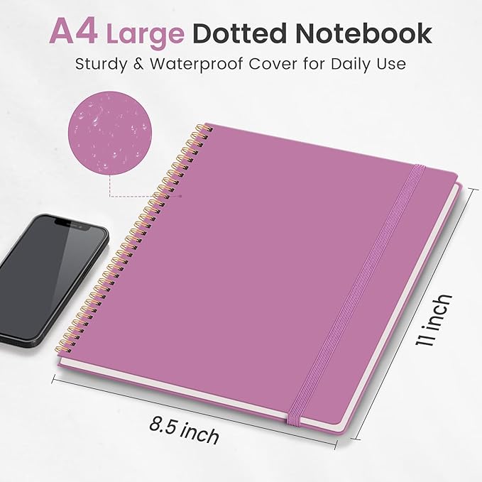 Taja Spiral Dotted Notebook, 8.5"x11" Notebooks for Work, Large A4 Journal for Women & Men, Dotted Journal, Journaling Notebook for Writing, Plastic Cover Spiral Journal,Purple