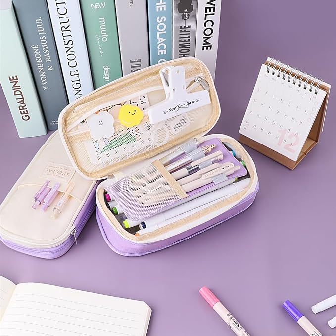 iSuperb Foldable Pencil Case Zipper Big Capacity Canvas Pencil Pouch Cosmetic Organizers Pen Bag Makeup Bags for Women (Purple)