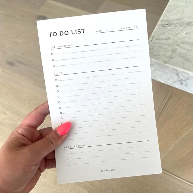 To Do List Planning Pad 5.5 x 8.5" Notepad with Task Organizer includes sections for Top Priorities, To Do List and Follow up For Tomorrow. 50 tear off sheets by Todaisy Paper.