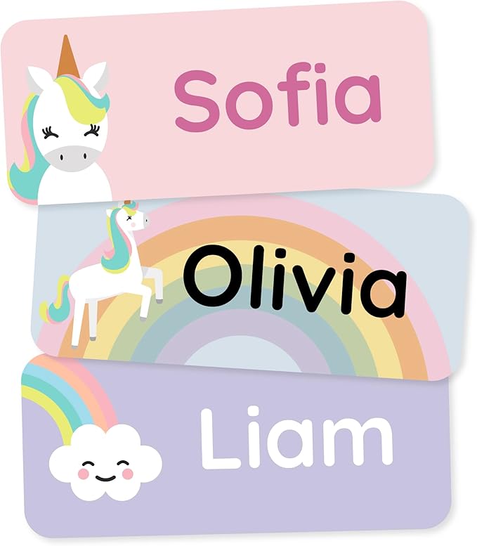 Personalized Name Labels for Kids (120) – Custom Waterproof & Durable Stickers for Clothing, Daycare, Office & School Supplies - Unicorns