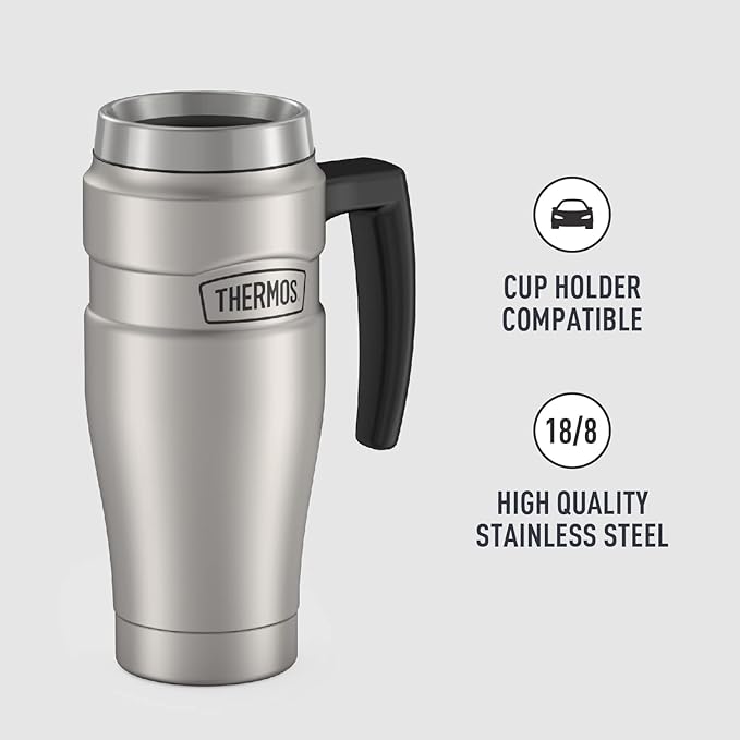 THERMOS Stainless King Vacuum-Insulated Travel Mug with Handle-16oz,Matte Steel-Thermos Tumbler for Hot&Cold Drinks-Leak-Proof&Sweat-Proof Stainless Steel Coffee Mug with Lid for Commuting,(Pack of 4)