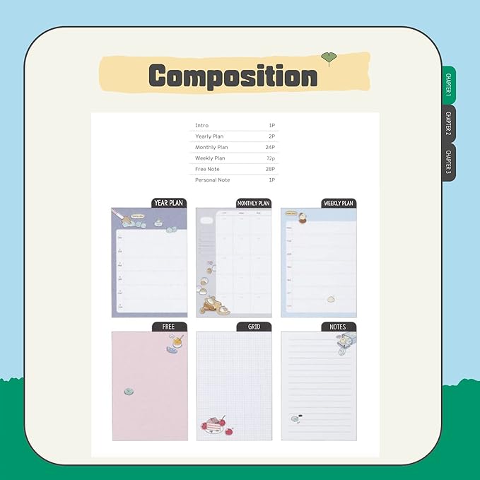 Kawaii Mini Korean Weekly Undated Planner + 1 dalgaru sticker sheet - 128 pages, Soft PVC Cover Cute Small stationery for school, academic, teens, women, girls (Cookie Dough (Blue))