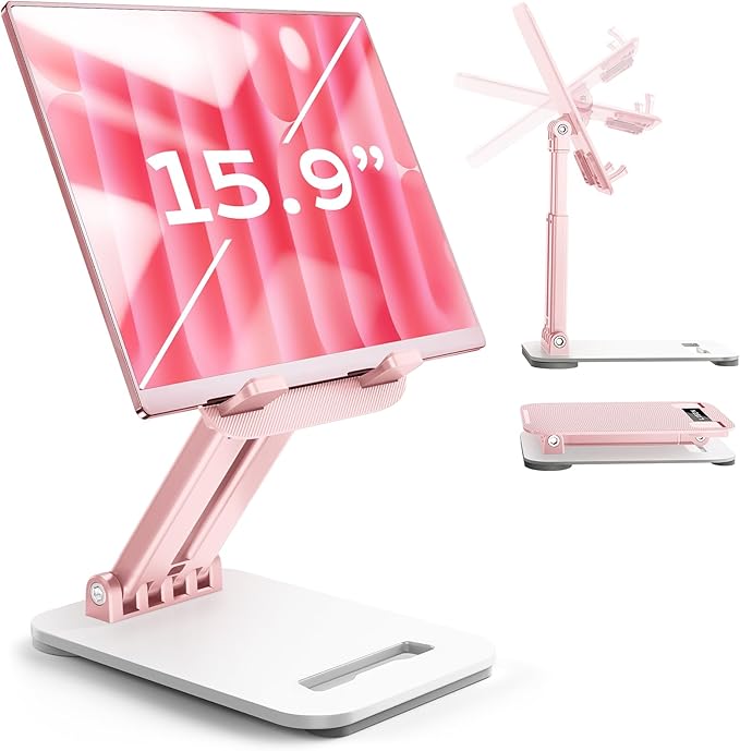 LISEN Tablet Stand for iPad Stand Holder Desk, Foldable Home Office Desk Accessories Travel for iPad Holder Dorm College Essentials Portable Monitor Stand Fits Tabs Kindle iPhone 4-15.9" Black (Pink)