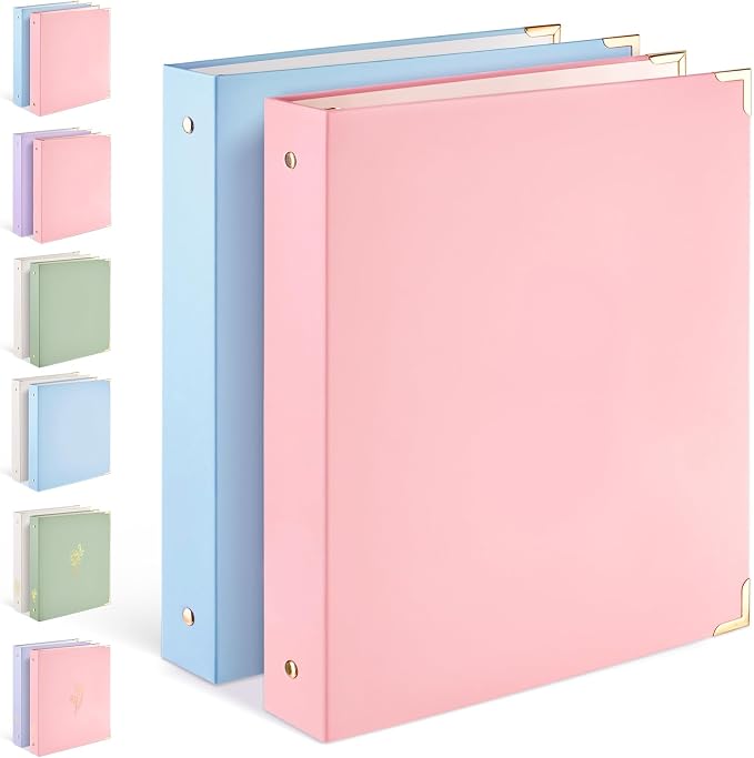 Sooez 2 Pack 3 Ring Binder with Metal Corners, Cute 1 Inch Binders Fits 175 Sheets of Paperwork, Three Ring Recipe Binder with Pocket for Women School Office Supplies, 8.5" x 11", Pink & Light Blue