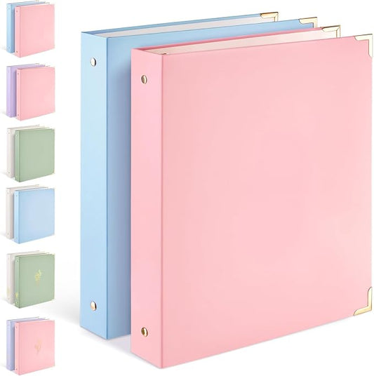 Sooez 2 Pack 3 Ring Binder with Metal Corners, Cute 1 Inch Binders Fits 175 Sheets of Paperwork, Three Ring Recipe Binder with Pocket for Women School Office Supplies, 8.5" x 11", Pink & Light Blue