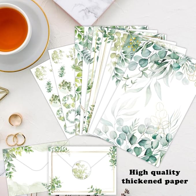 160-Piece Eucalyptus Stationery Envelopes Set – 50 Writing Papers, 50 Envelopes, 60 Sealing Stickers – Greenery Botanical Letter Writing Kit for Invitations, Business, Wedding