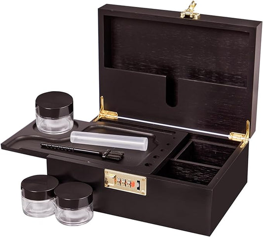 Bamboo Wood Desktop Organizer with 3 Glass Jars and Sliding Tray - Red Multi-Compartment Storage Case for Craft Supplies, Stationery, and Small Accessories (Black)