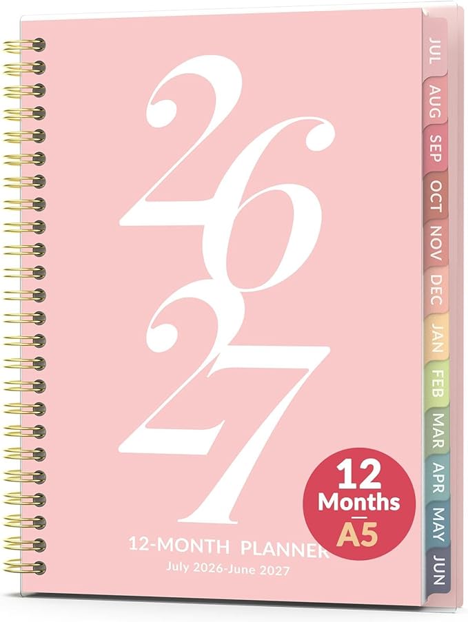 Forvencer Planner 2026-2027, July 2026 - June 2027, 6.3" x 8.4" Academic Planner Monthly and Weekly Calendar Planner with Spiral Bound, Month Tabs, Flexible Cover for School Office (A5, Pink)