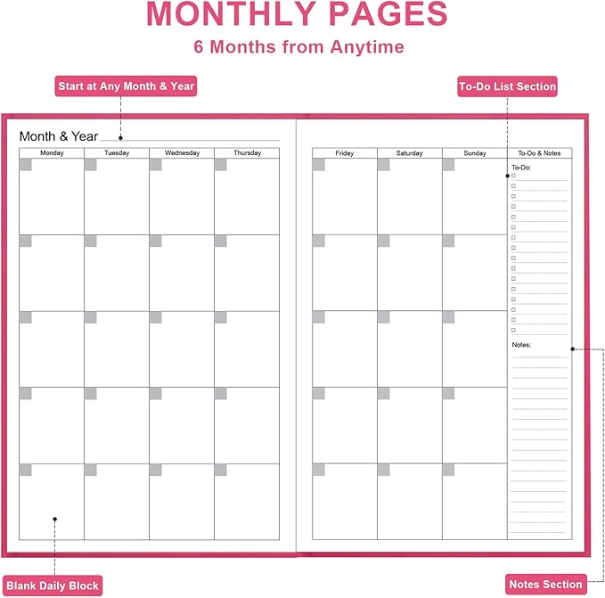 Daily & Monthly Planner for 2026 or Anytime - ADHD Planner Two Pages Per Day, Daily Planner Undated to Increase Focus, Eliminate Overwhelm, Achieve Your Biggest Goals, 5.8'' × 8.3'', Pink