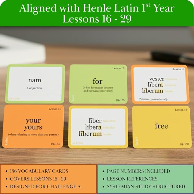Latin Flashcards for Henle First Year – 240 Vocabulary Cards for Challenge B (Lessons 16–29) – Color-Coded Latin Study Cards for Homeschool & Classical Classroom