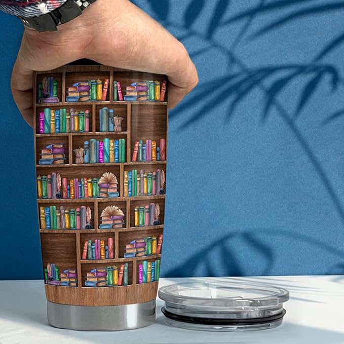 SANDJEST Book Lovers Tumbler Bookshelf 20oz Tumblers with Lid Gift for Librarian Book Lover Women Readers Bookworm Christmas Holiday Birthday