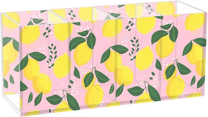 Aslsiy Lemon Fruit (2) Pen Holder for Women 4 Compartments Acrylic Pencil Holder Clear Makeup Brush Holder Desk Organizer Office Supplies