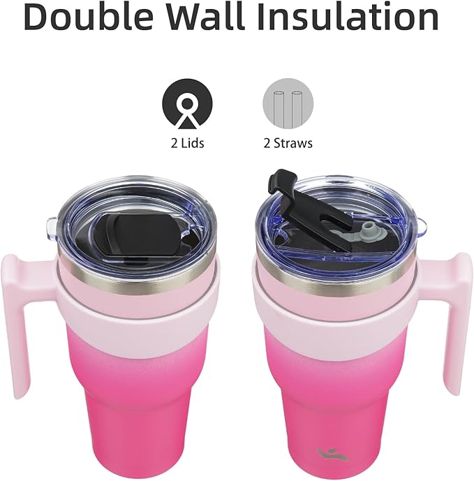 Konokyo 40 oz Tumbler with Handle and 2 Straw 2 Lid, Insulated Water Bottle Stainless Steel Vacuum Cup Reusable Travel Mug, Cherry